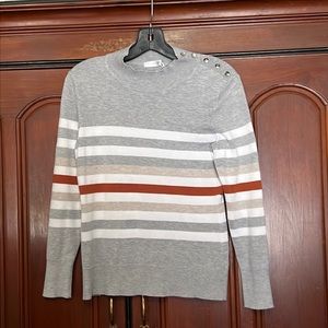 Retrelogy Cute Neutral Striped Sweater With Embellished Button Shoulder SP